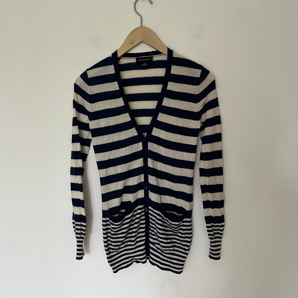 Holt Renfrew Silk Cashmere Striped Cardigan Navy Blue Cream V-Neck Small